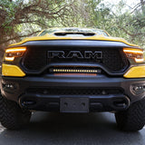 RAM TRX Light bar slim 23in curved LED in factory grille opening on 2021-2024 RAM 1500 TRX front view