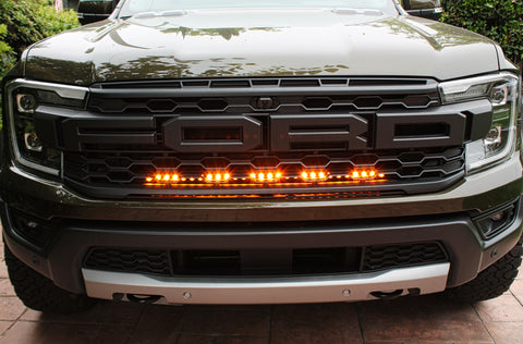 top view of 2024 ford ranger raptor 30in LED light bar behind the grille