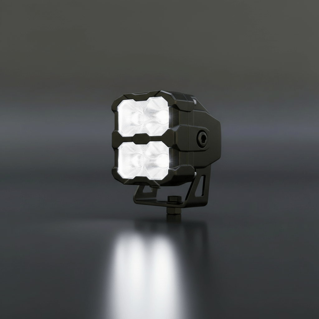 Black LED work light on a dark background