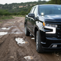 Silverado 1500 ditch lights on 2022+ Chevrolet Silverado truck driving off-road on muddy trail showcasing dual color LED lighting