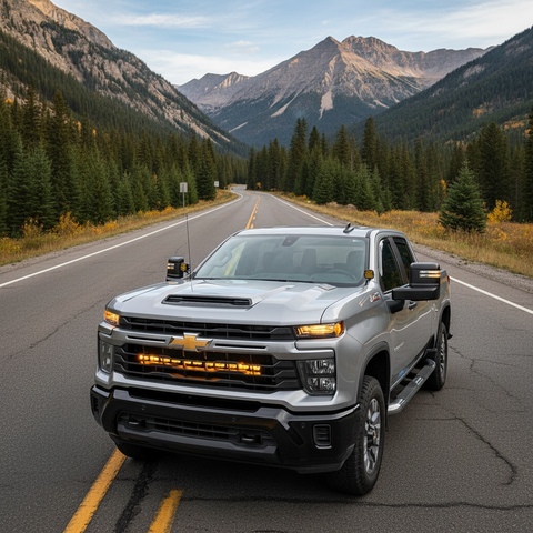 Silverado 2500 3500 light bar single 40in PRO mounted on Chevy Silverado 2500HD driving on mountain highway