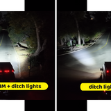 2019+ Mercedes Sprinter 40in SLIM light bar plus ditch lights vs ditch lights only, night light output comparison on a dark road