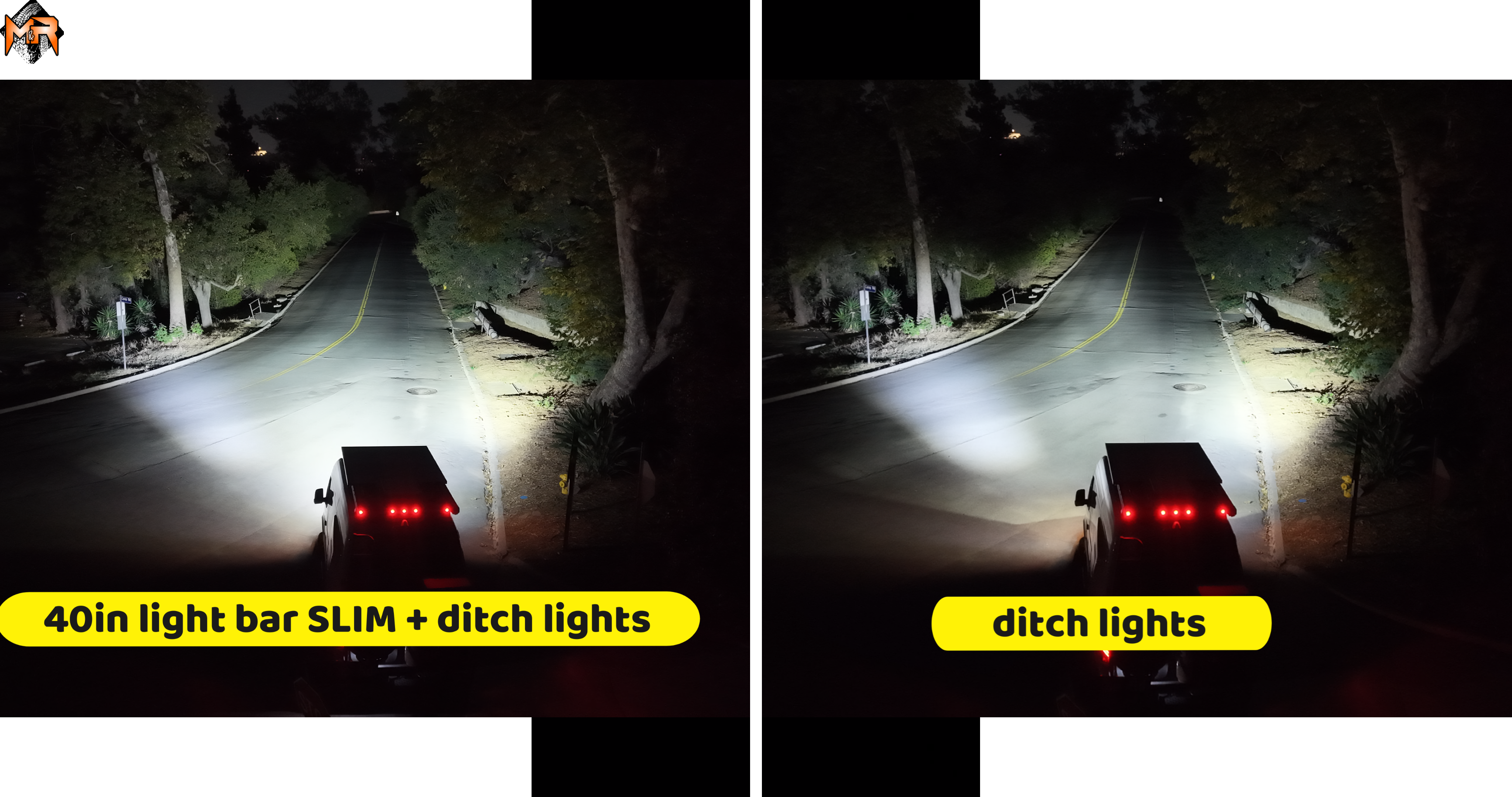 2019+ Mercedes Sprinter ditch lights only vs ditch lights plus 40in SLIM light bar, night light output comparison
