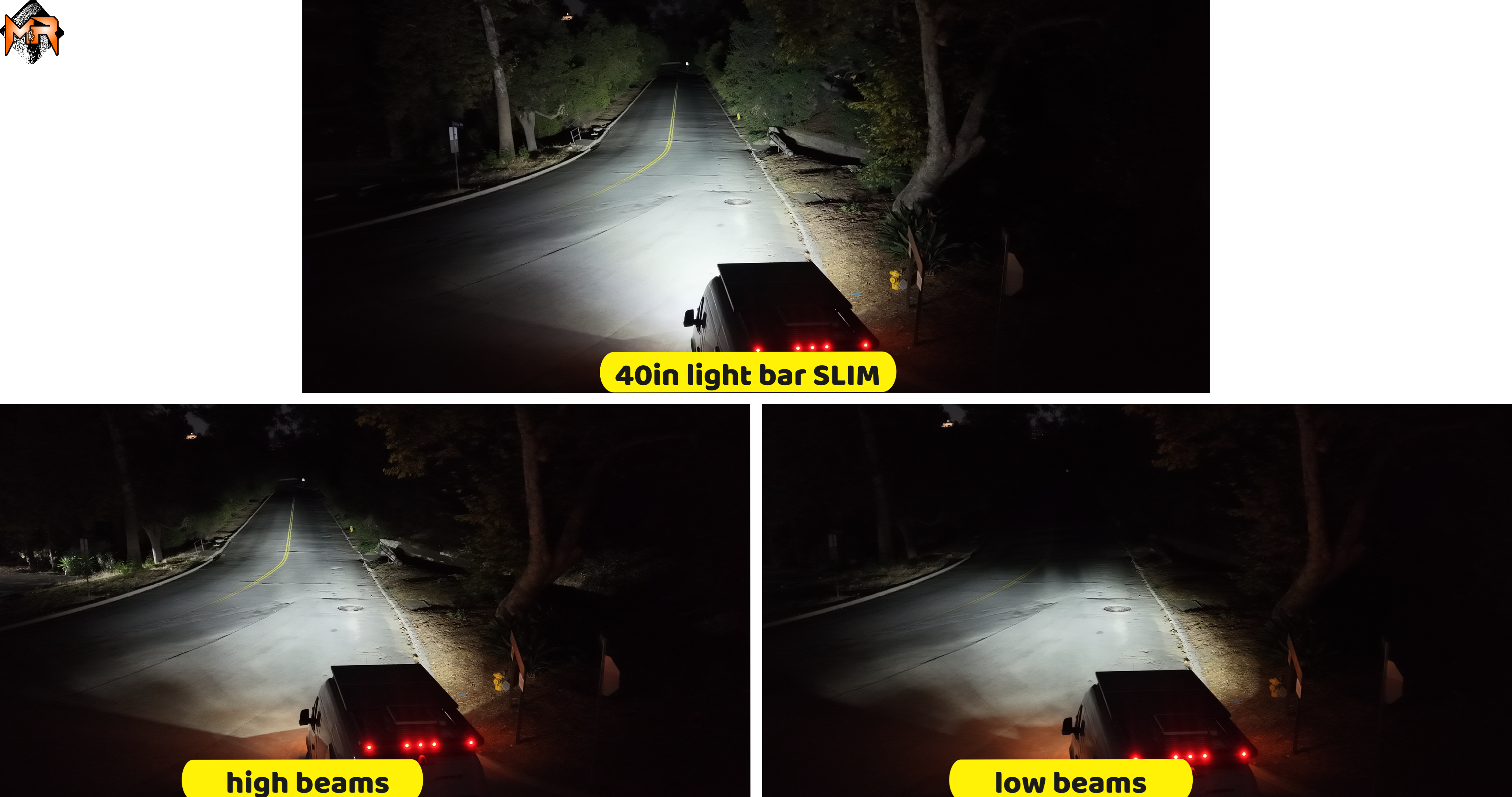 2019+ Mercedes Sprinter 40in SLIM light bar light output vs factory high and low beams on a dark road