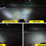2019+ Mercedes Sprinter ditch lights beam pattern test: standard POD vs PRO POD vs factory low and high beams in an open lot