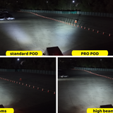 2019+ Mercedes Sprinter ditch lights beam pattern test: standard POD vs PRO POD vs factory low and high beams in an open lot