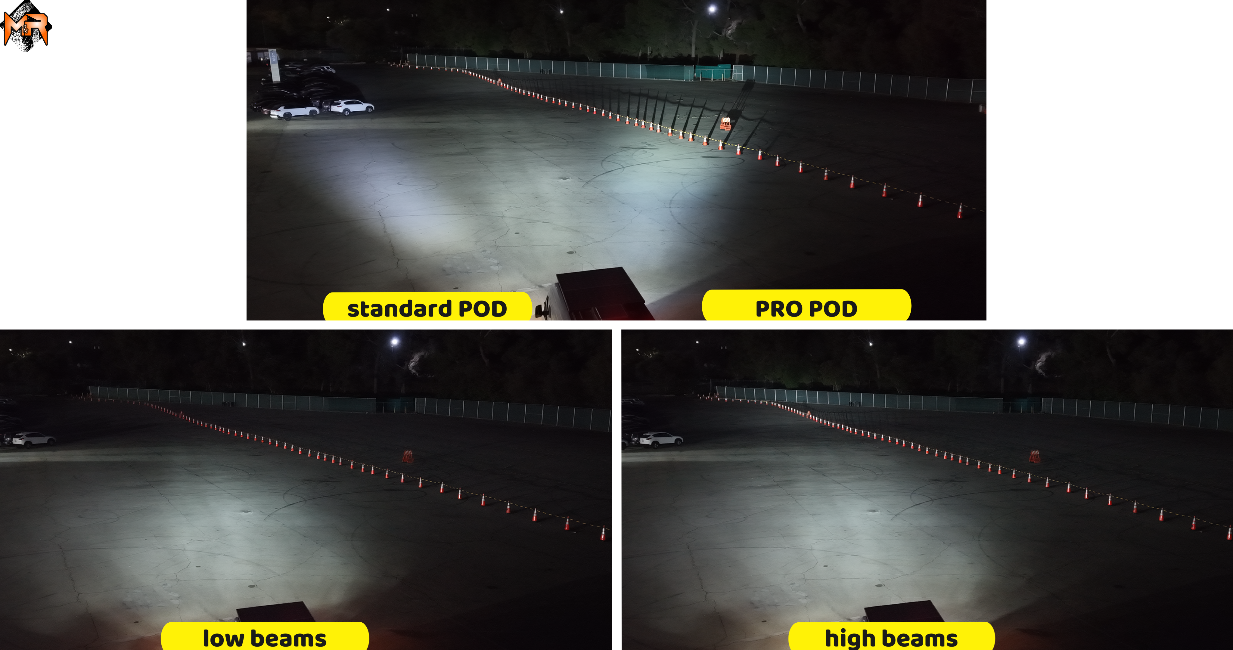 2019+ Mercedes Sprinter ditch lights beam pattern test: standard POD vs PRO POD vs factory low and high beams in an open lot