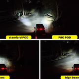 2019+ Mercedes Sprinter ditch lights light output at night: standard POD vs PRO POD vs factory low and high beams on a dark road