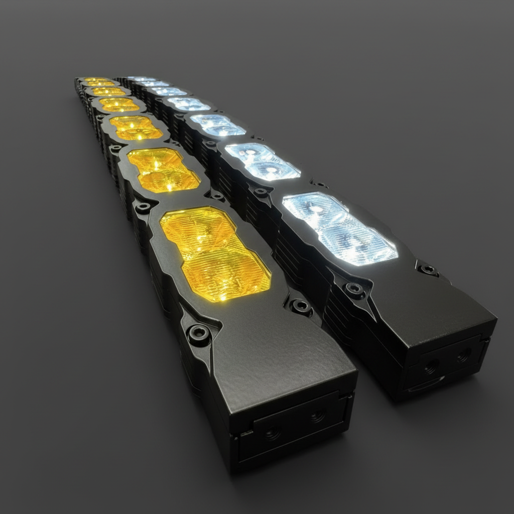Two M&R Automotive 30in PRO LED light bars angled on a dark background, yellow and white output compared