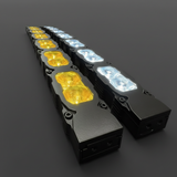 Two M&R Automotive 30in PRO LED light bars angled on a dark background, yellow and white output compared