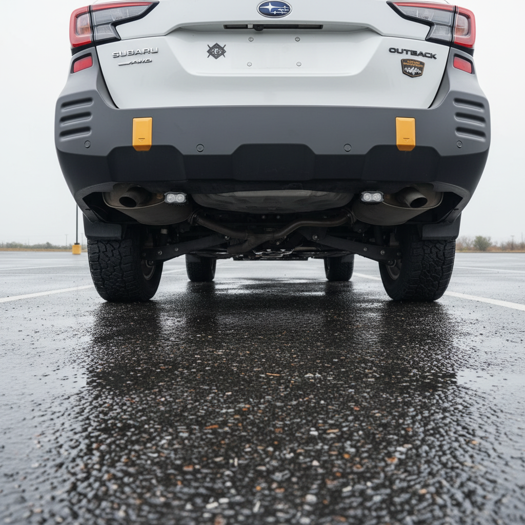 Subaru Outback reverse light kit installed on 2020-2024 Subaru Outback rear bumper in wet parking lot