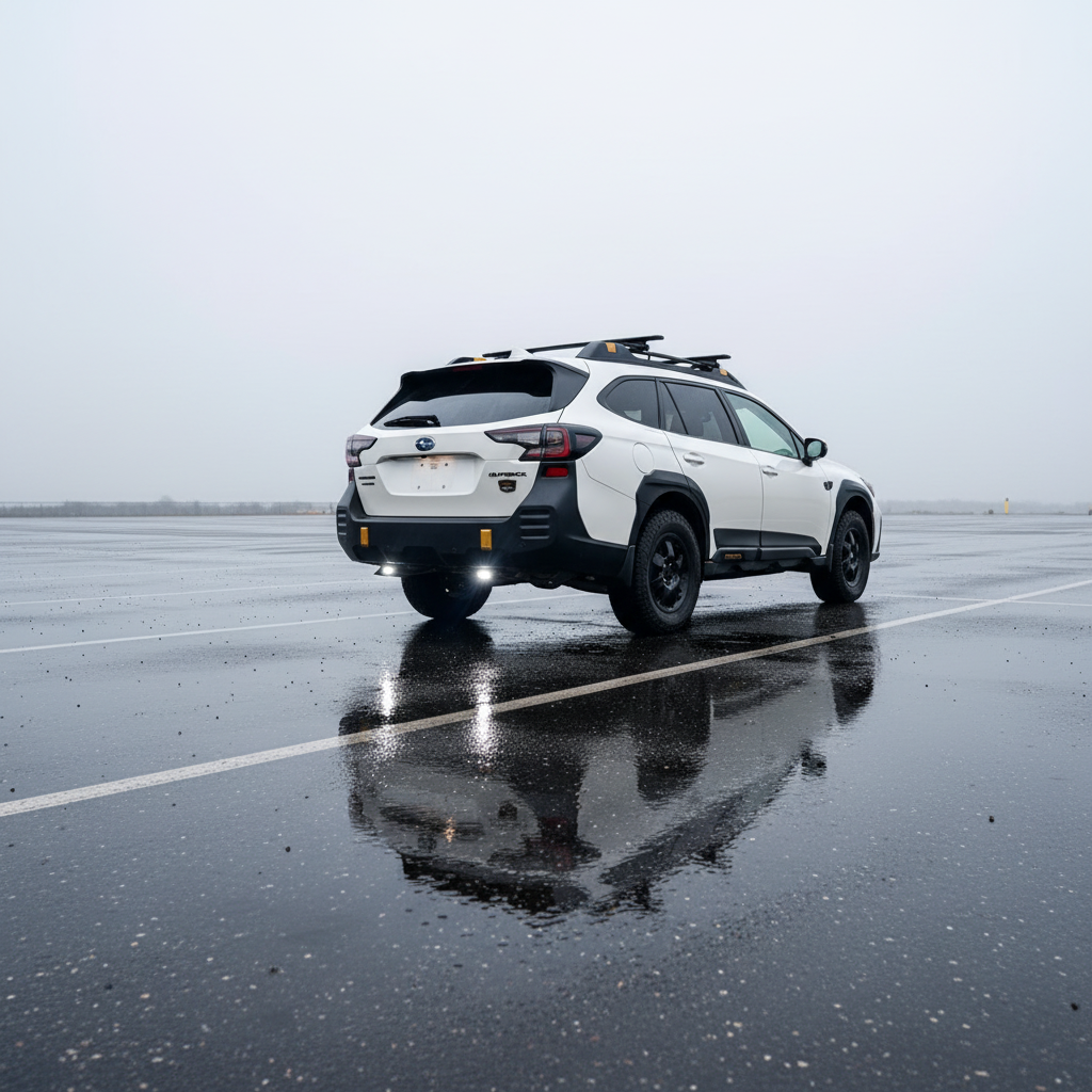 Subaru Outback reverse light kit on 2020-2024 Outback showing bright LED reverse pods in rainy parking lot