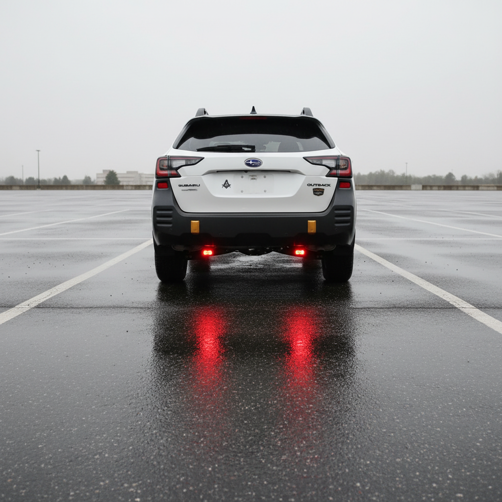 Subaru Outback reverse light kit on 2020-2024 Outback with bright LED pods and red backlight illuminated in wet parking lot