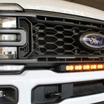white 2023 2024 Ford F250/350/450 Superduty Single 30in curved LED light bar with amber daytime running lights on