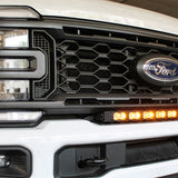 white 2023 2024 Ford F250/350/450 Superduty Single 30in curved LED light bar with amber daytime running lights on