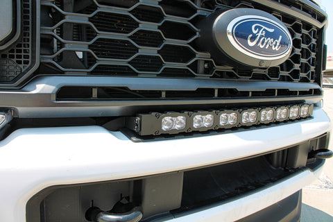 white 2023 2024 Ford F250/350/450 Superduty Single 30in curved LED Light Bar sit on top of bumper, sleek design