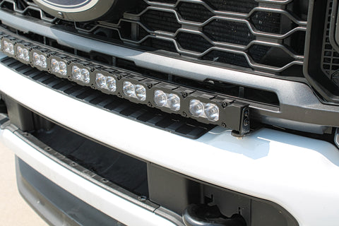 upclose view of LED curved light bar by M&R Automotive on top of bumper white 2023 2024 ford superduty