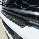 side view of white 2023 2024 Ford F250/350/450 Superduty Single 30in curved Light Bar installed on top of bumper