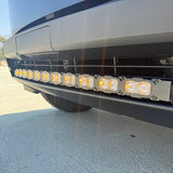 up close view black tesla cybertruck with amber LED light bar m&r automotive 