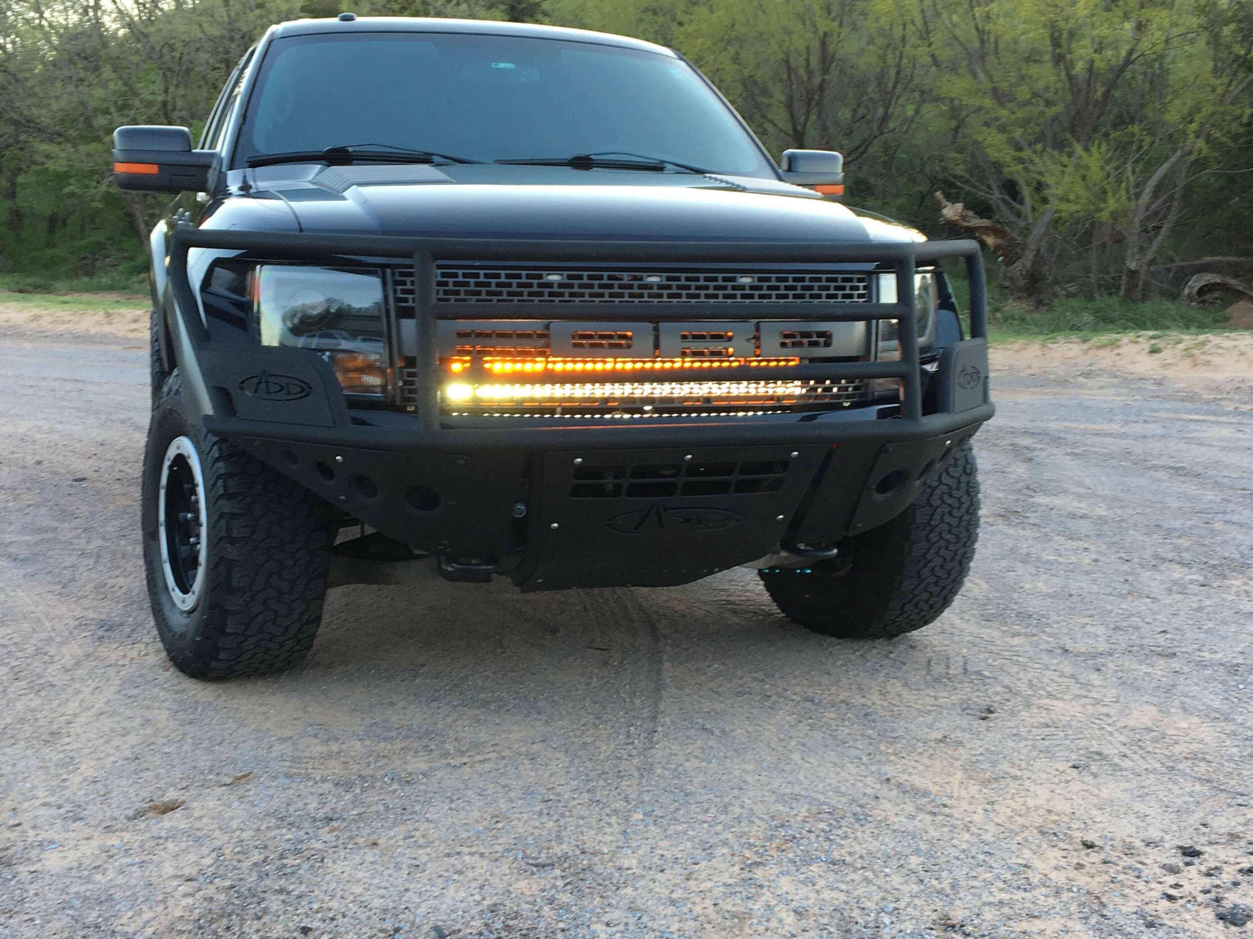 2010-2014 Ford Raptor Gen 1 light bars installed on the front bumper, off-road lighting upgrade