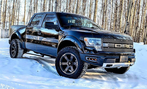 black ford raptor generation 1 2010 2011 2012 2013 2014 in the snow with off roading fog light kit 