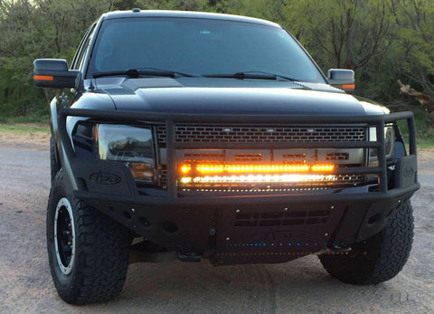2010-2014 Ford Raptor Gen 1 Light Bars installed on front bumper, dual amber 40-inch LED off-road lighting