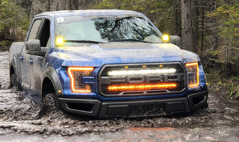 blue ford raptor 2019 in the water with 2 behind grille 40in light bars color white and amber