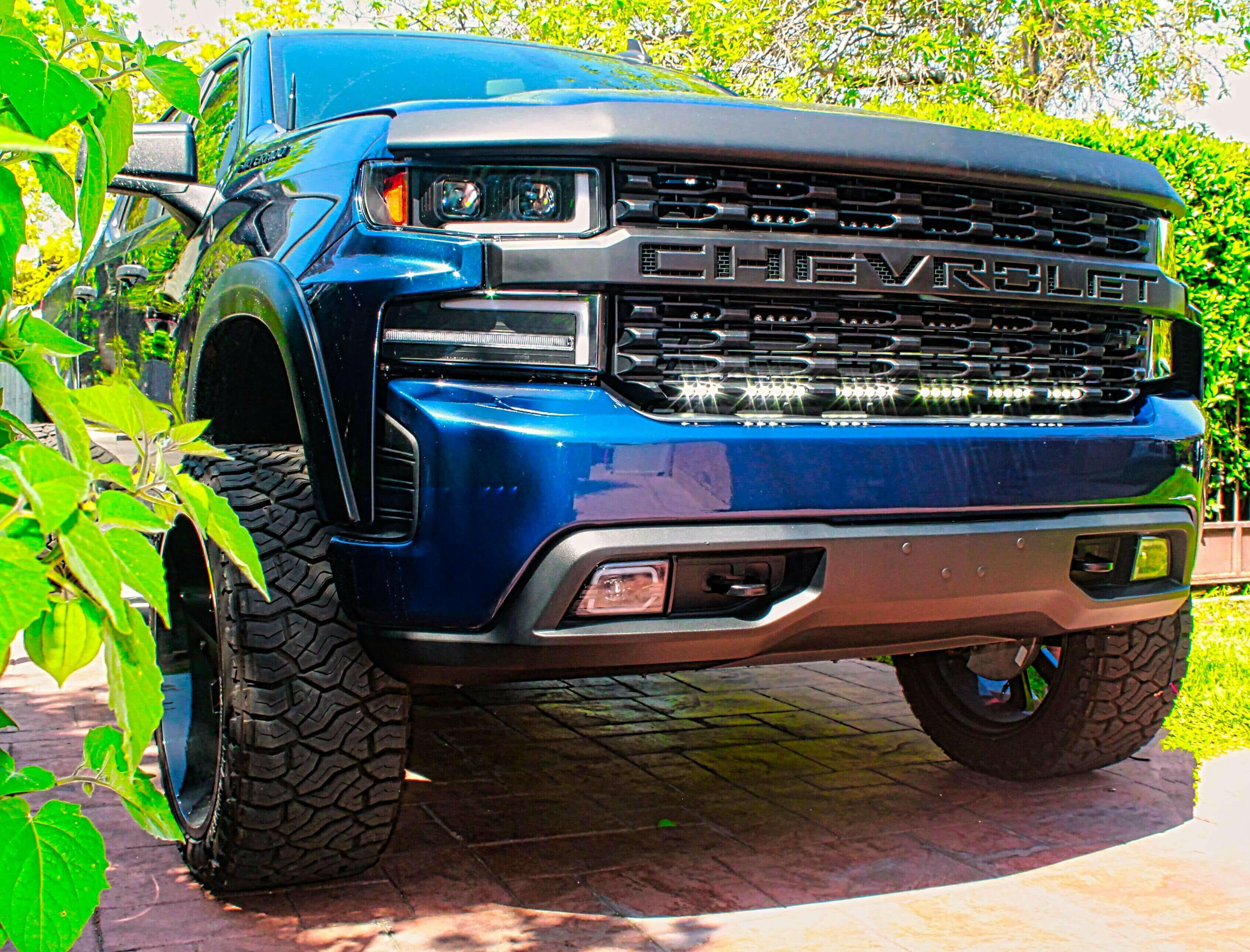 2019 2020 2021 blue chevrolet Silverado one white 40in light bar behind the grille M&R Automotive