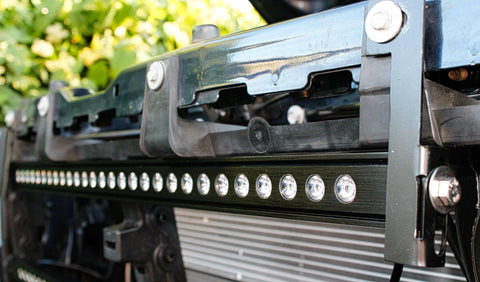 2019 2020 2021 blue chevrolet Silverado one 30in light bar showing black metal bracket by M&R Automotive