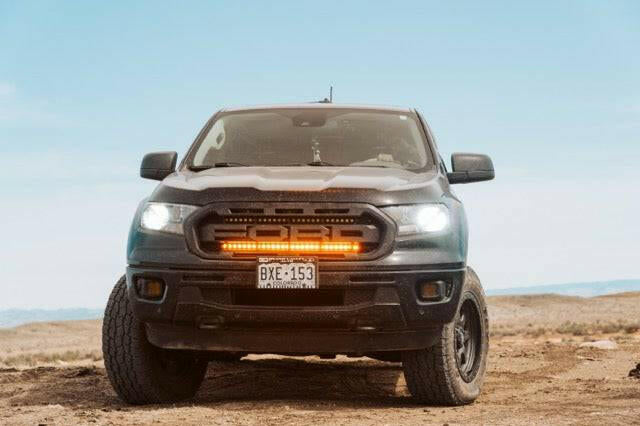2019 2020 2021 2022 black ford ranger with one amber 30in light bar behind the grille