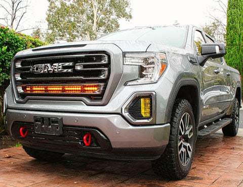 2019 2020 2021 2022 2023 gray GMC Sierra 1500 with one amber 40in Light Bar behind the grille