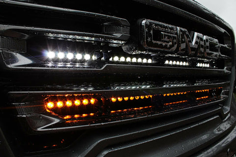 2019 2020 2021 2022 2023 gray GMC Sierra 1500 with two 40in behind grille light bars color amber and white