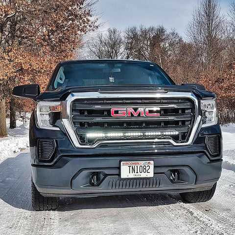 2019 2020 2021 2022 2023 gray GMC Sierra 1500 with one white 40in Light Bar behind the grille