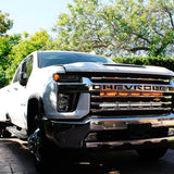 2020 2021 2022 2023 white Chevrolet Silverado 2500/3500HD two 40in light bars behind grille color amber and white - M&R Automotive