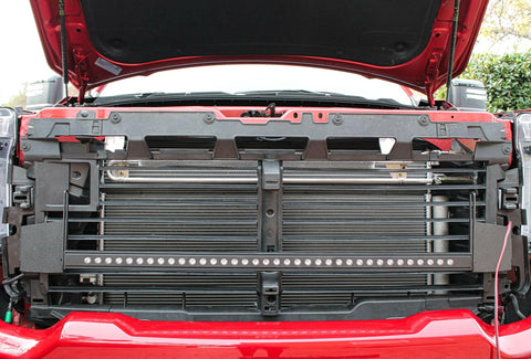 2020 2021 2022 2023 red GMC Sierra 2500 and 3500HD two 40in Light Bars behind the grille with hood up
