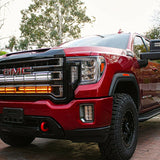 2020 2021 2022 2023 red GMC Sierra 2500 and 3500HD two 40in Light Bars behind the grille color amber and white 