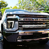 2020 2021 2022 2023 white Chevrolet Silverado 2500/3500HD one white 40in Light Bar behind the grille by M&R Automotive