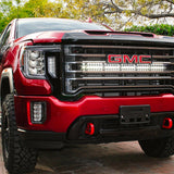 2020 2021 2022 2023 red GMC Sierra 2500/3500HD one white 40in light bar behind the grille