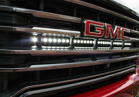 2020 2021 2022 2023 red GMC Sierra 2500/3500HD one white 40in light bar behind the grille