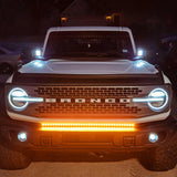 2021 2022 2023 2024 white Ford Bronco Capable Bumper with one amber 40in Light Bar on top of bumper - M&R Automotive