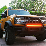 2021 2022 2023 cyber orange Ford Bronco Modular Bumper with one amber 30in Light Bar on top of bumper - M&R Automotive