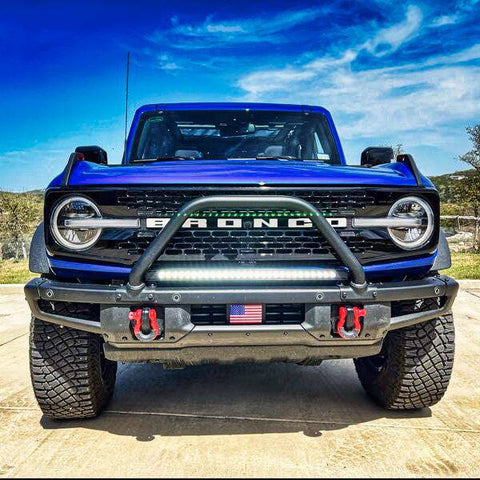 2021 2022 2023 blue Ford Bronco Modular Bumper with one white 30in Light Bar on top of bumper - M&R Automotive
