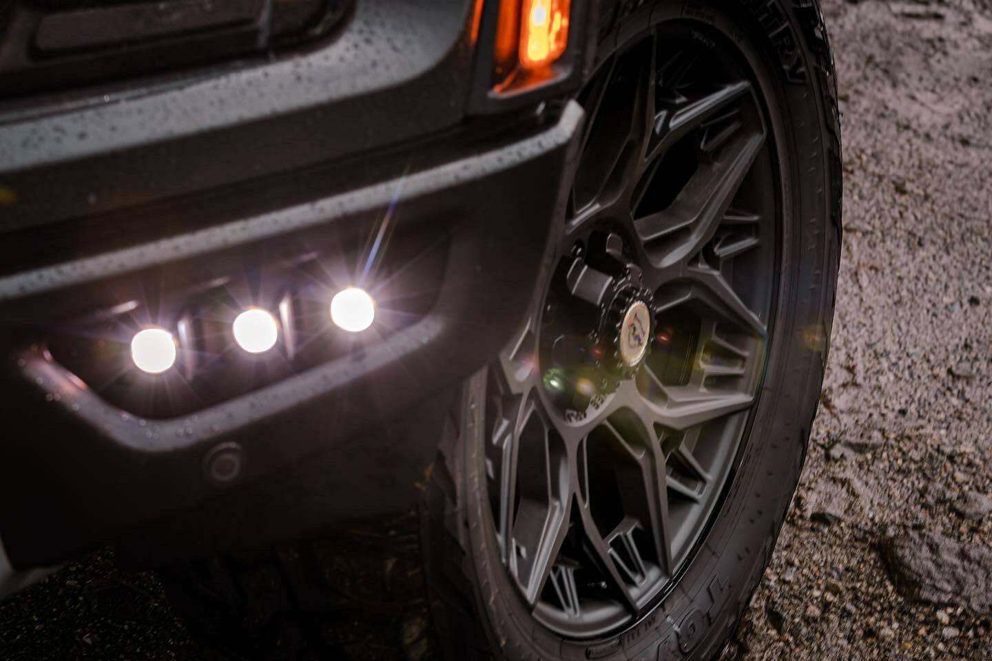 up close view gray 2021 2022 2023 ford raptor generation 3 with 3 white 20watt squares