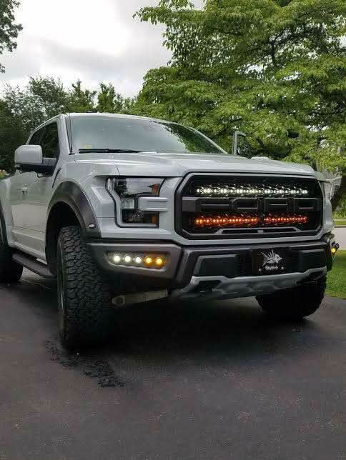 2017-2020 truck front view showcasing Ford Raptor Gen 2 Light Bars dual 40s LED grille mounted, no-drill bolt-on install