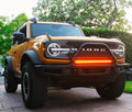 2021 2022 2023 cyber orange Ford Bronco Modular Bumper with one amber 30in Light Bar on top of bumper - M&R Automotive