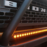 2021 2022 2023 Ford Bronco Modular Bumper with one amber 30in Light Bar on top of bumper between bullbar- M&R Automotive