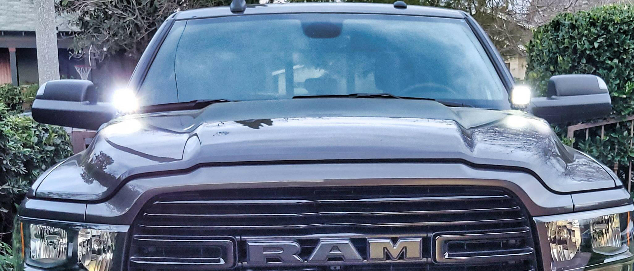 2025+ RAM 2500 3500 Ditch Lights with bright dual color LED ditch lights mounted by mirrors