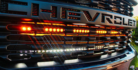 2019 2020 2021 Chevrolet Silverado two 40in light bars behind the grille color amber and white - M&R Automotive