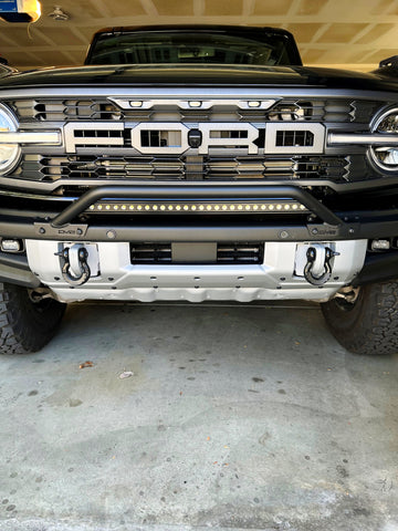 2021 2022 2023 black Ford Bronco Modular Bumper with one 30in Light Bar on top of bumper and dv8 bullbar- M&R Automotive