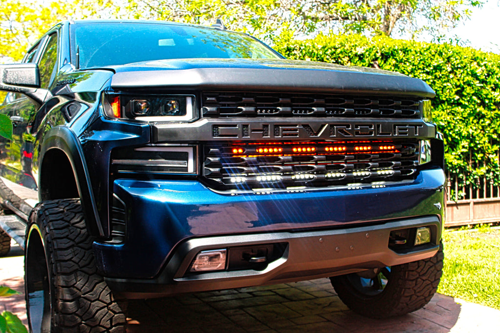 2019 2020 2021 blue Chevrolet Silverado two amber 40in light bars behind the grille - M&R Automotive